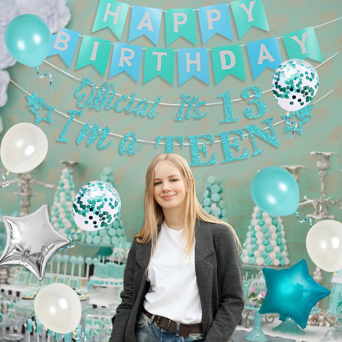 13th Birthday Party Decorations for Girls Teal - Happy 13th Birthday Decorations Include Banner Garland Cake Cupcake Topper Turquoise Fringe Curtain Number 13 Foil Balloon - Walmart.com